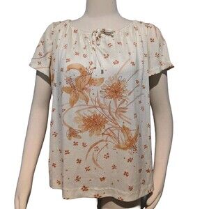 Vintage Vera Neumann S/S Blouse Floral 70s Nylon Blend Tie Neck Lilly B54 L/XL